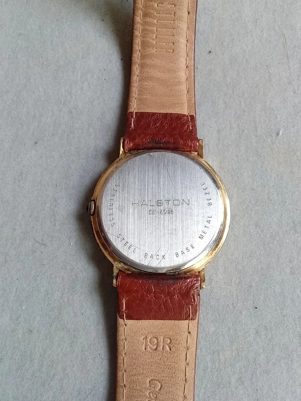 Halston Quartz Watch Moon Phase Date Gold Tone Brown Leather Strap 001-6M85